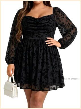 Plus Size Floral Mini Dress Long Sleeve Cowl Neck Fit & Flare